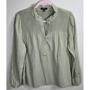 J.Crew Re-Imagined Smocked Blouse‎ M Sage Green Cotton Peasant Top SP22